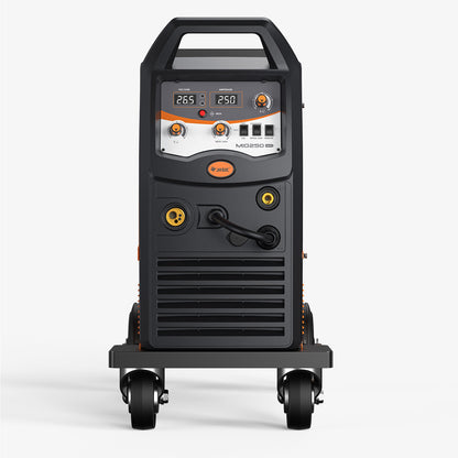 Industrial MIG250 multi process welder with digital display and control panel on wheels