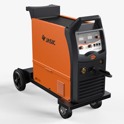 Orange industrial MIG welder on wheels with control panel and power cable