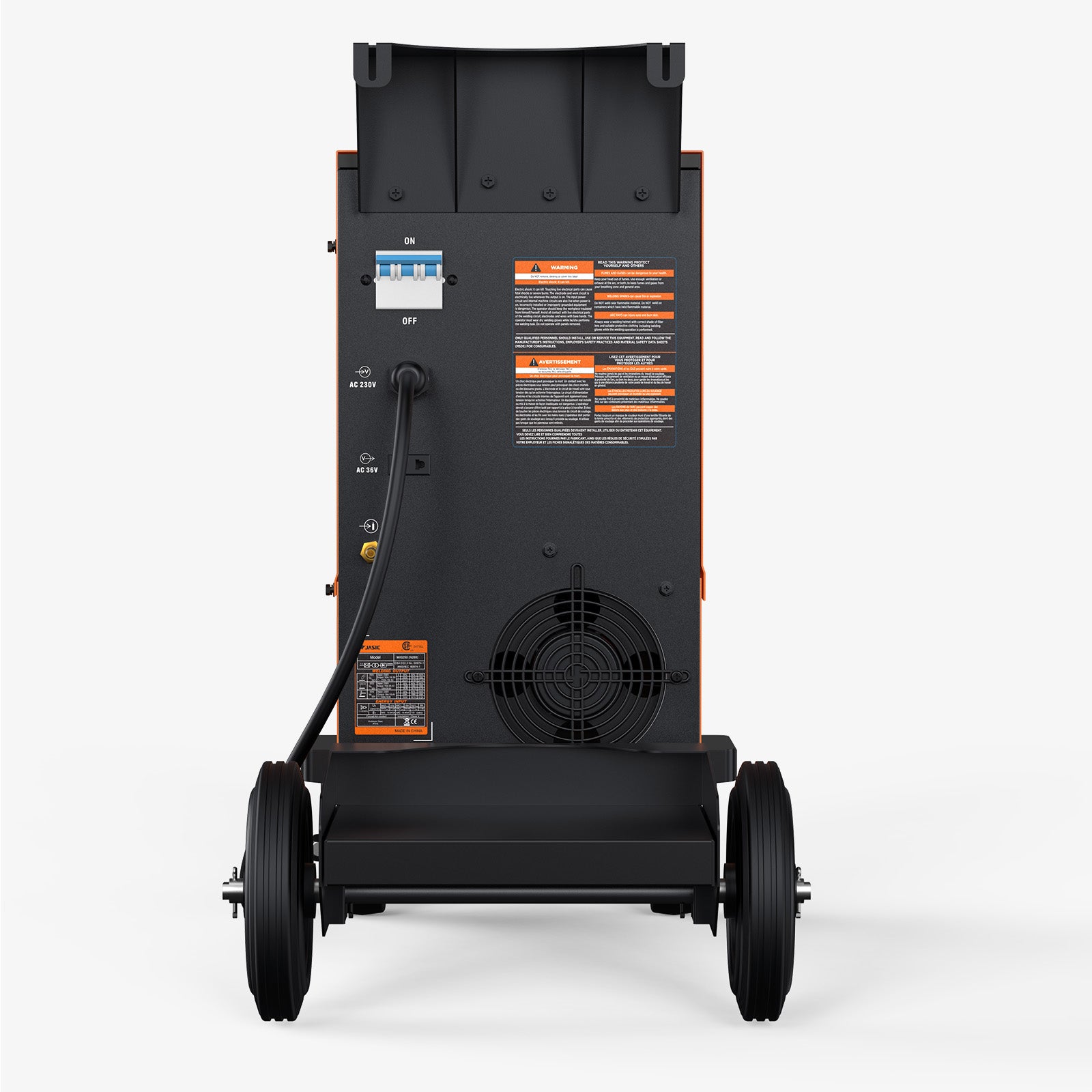 Rear view of industrial MIG welder with power cord, fan, wheels, and safety labels