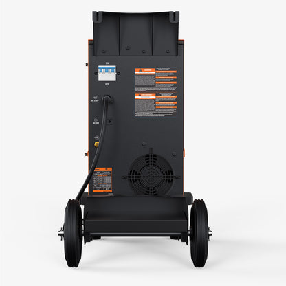 Rear view of industrial MIG welder with power cord, fan, wheels, and safety labels