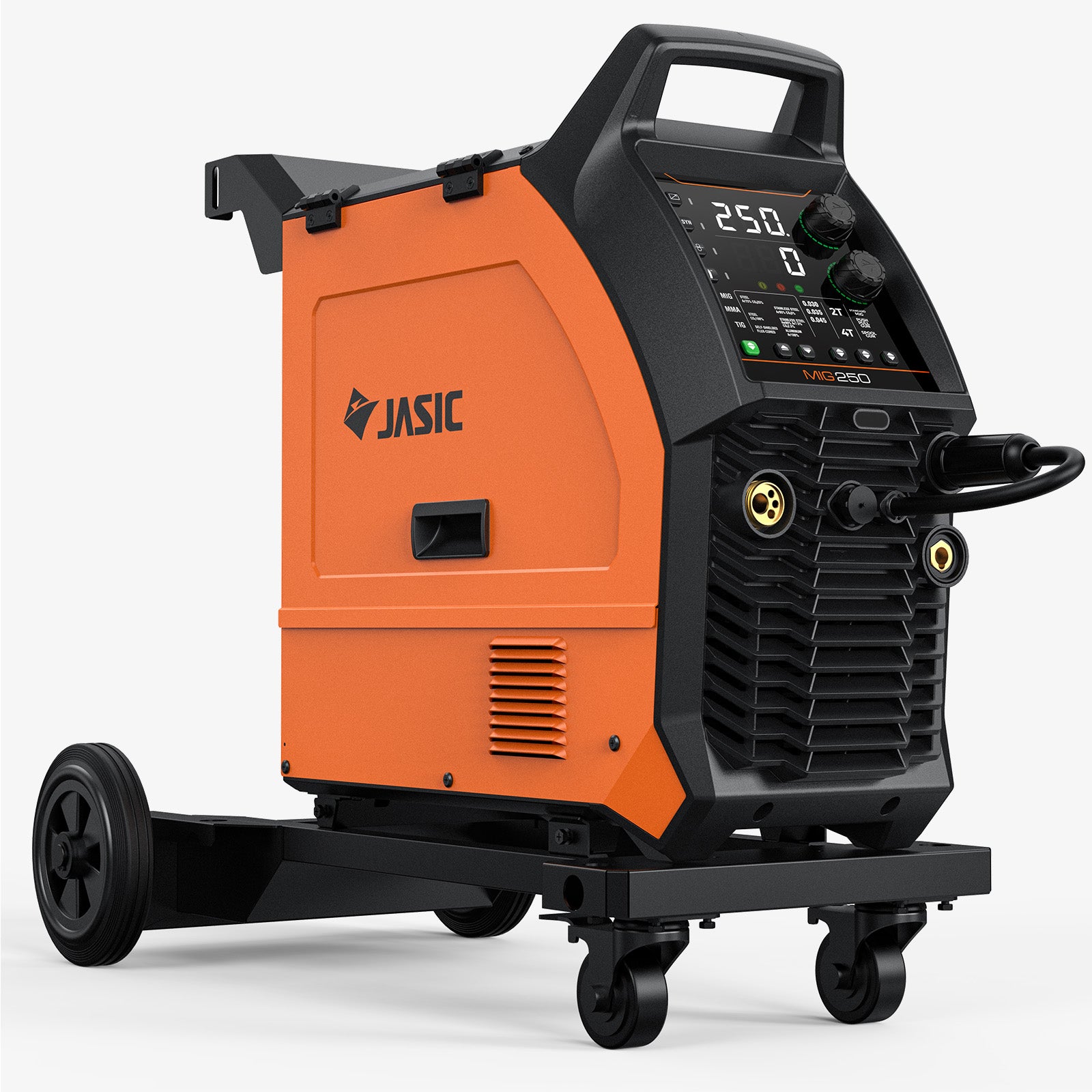 Industrial MIG250 multi process welder with digital display and dual wheels, orange casing