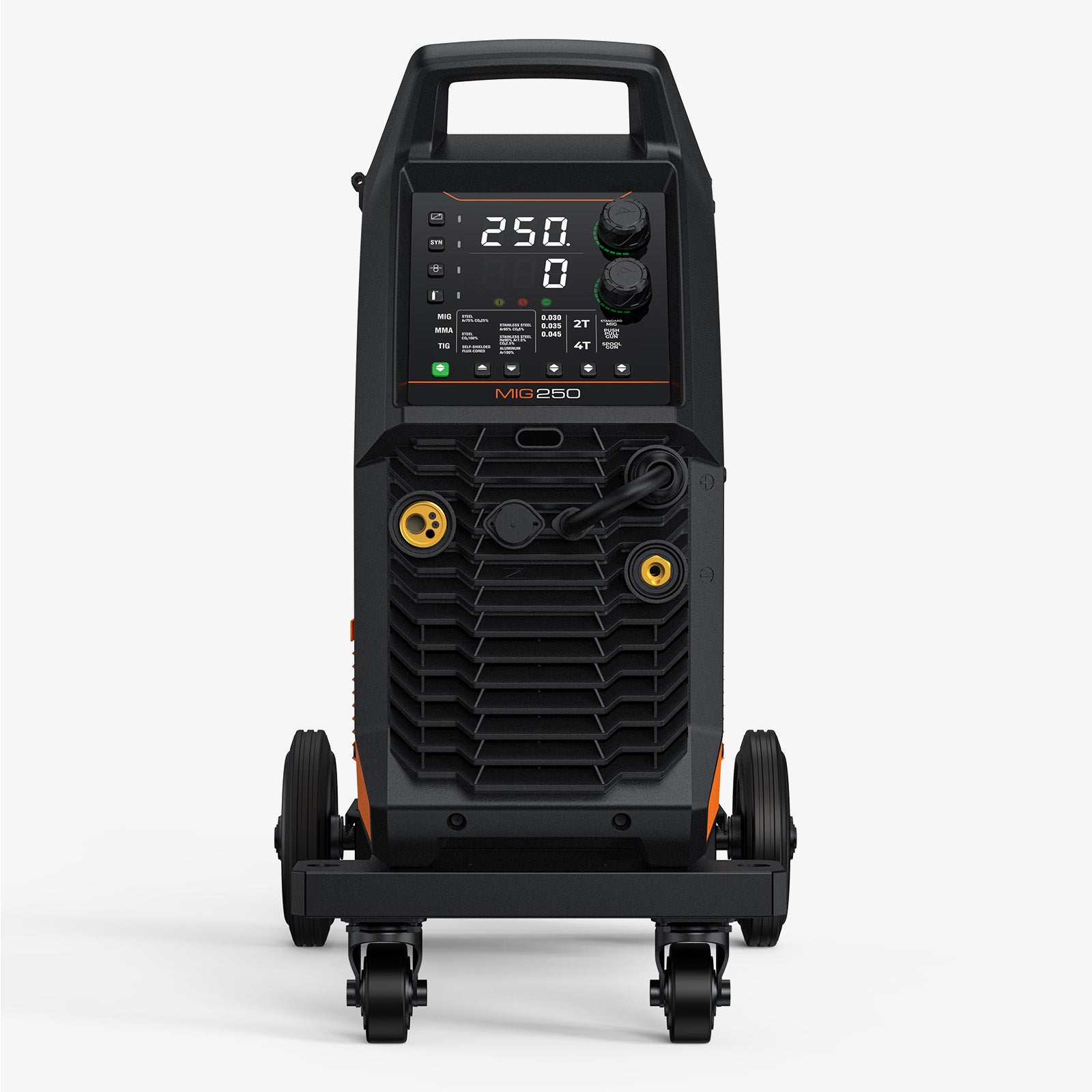 Front view of a MIG 250 multi process welder with digital display and control knobs on wheels