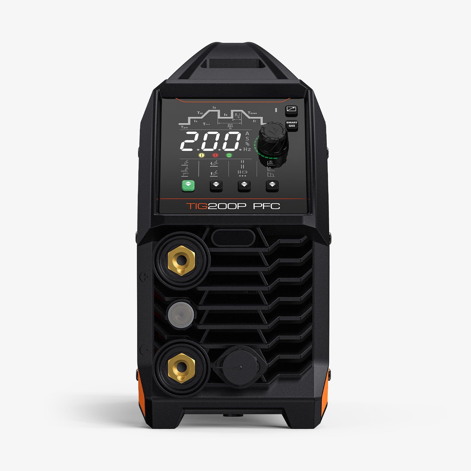 Front view of TIG 200P PFC digital TIG welder with control panel and connectors