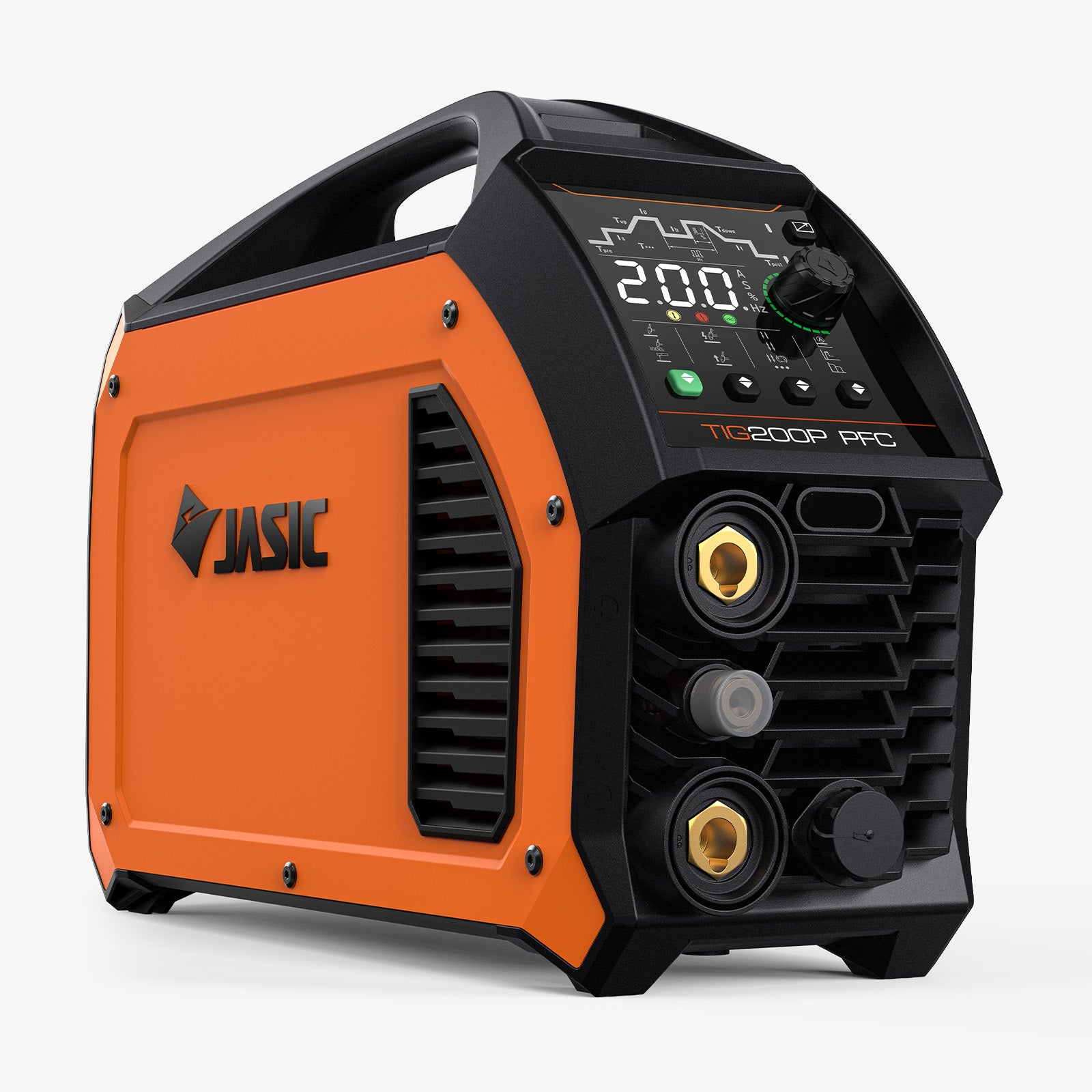 Orange TIG200P PFC digital TIG welder with LCD control panel and front input ports