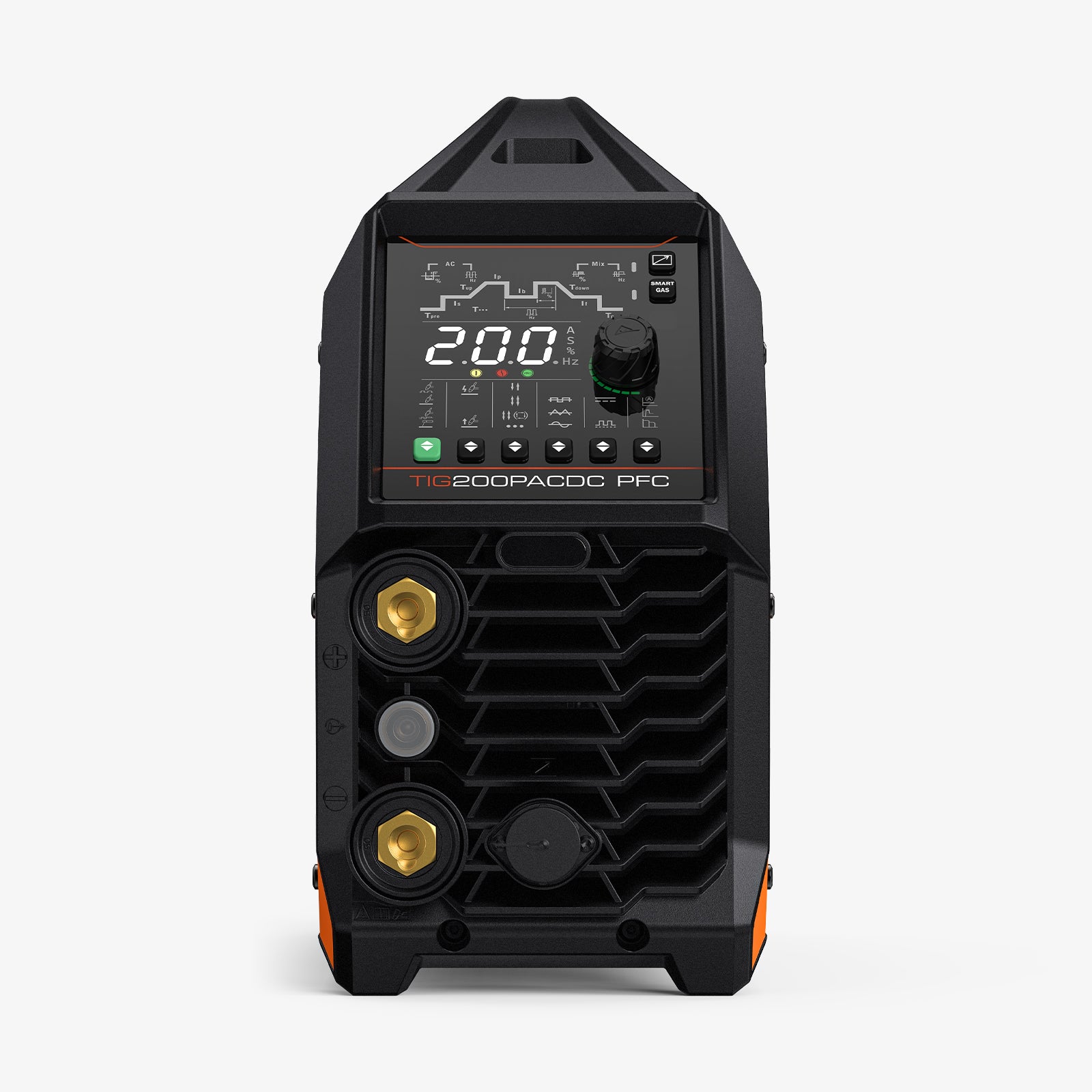 Front view of digital TIG200 PACDC PFC TIG welder with control panel and connectors.