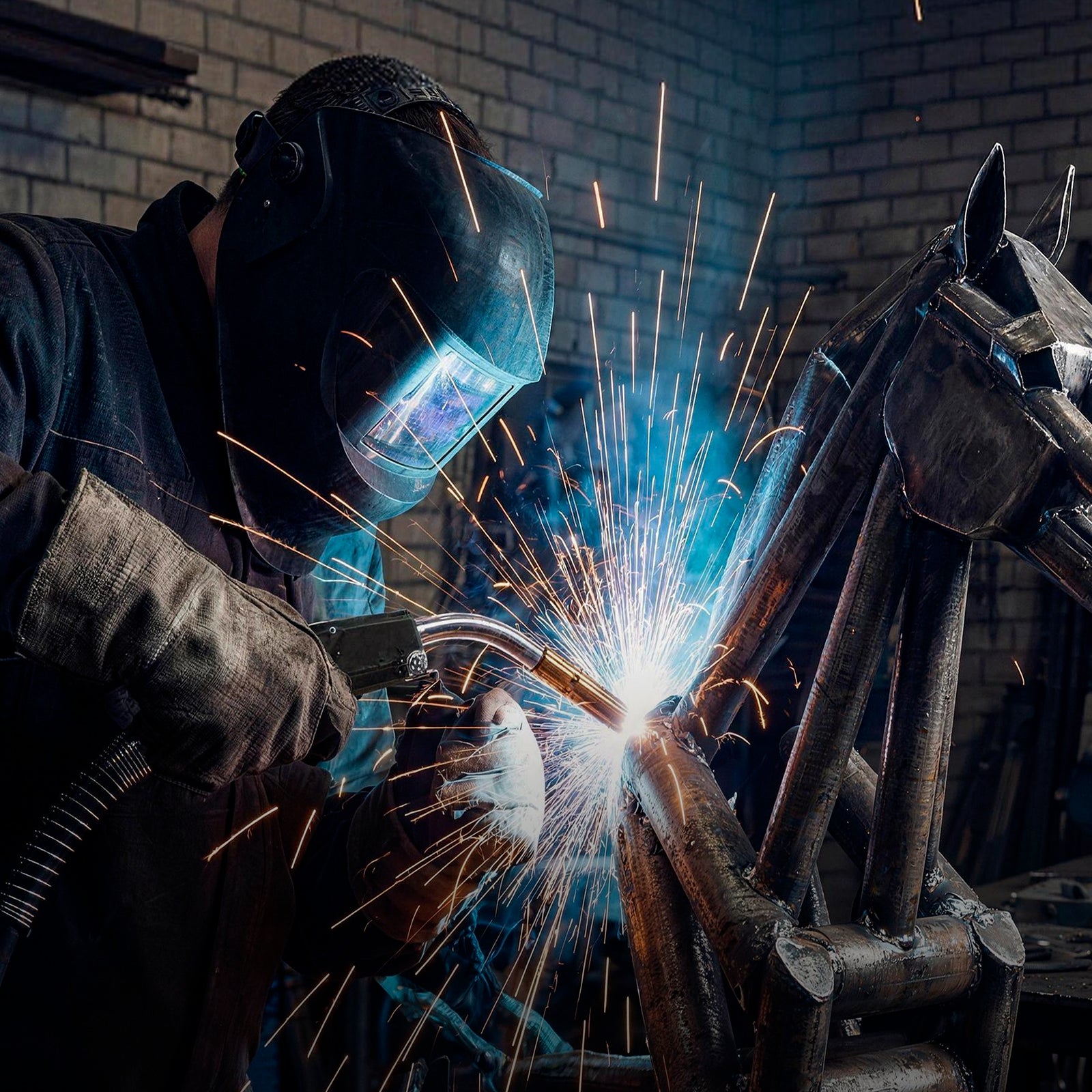 Welder using MIG welding machine to join metal horse sculpture, with sparks flying