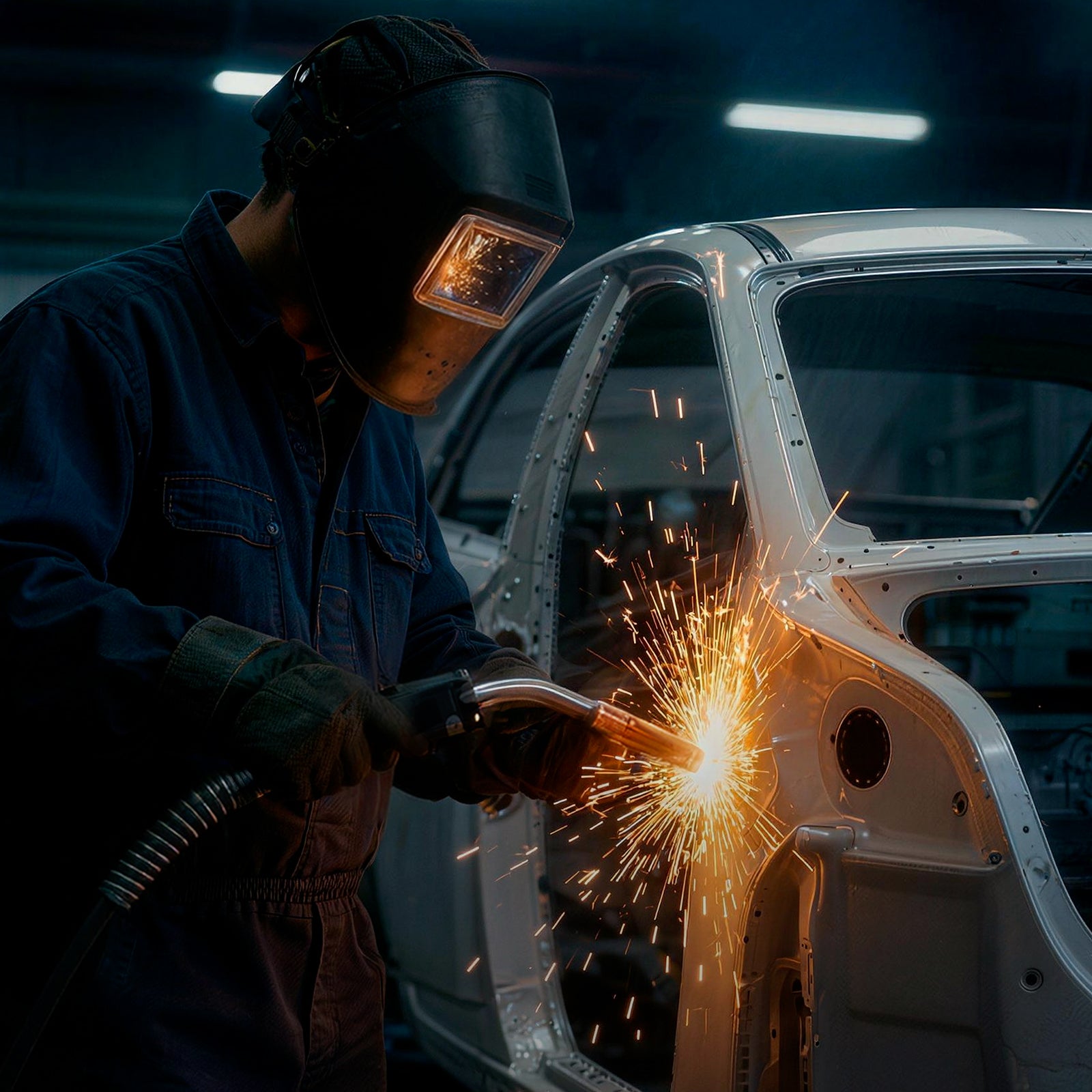Welder using MIG welding machine on car body in automotive workshop with sparks flying