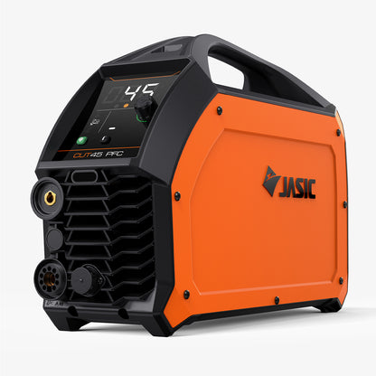 Orange and black portable plasma cutter with digital display and control knob on front panel