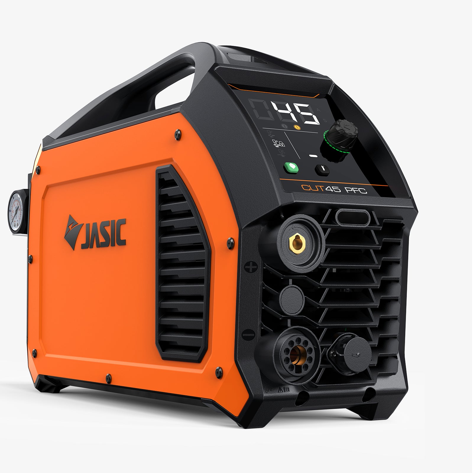 Orange and black plasma cutter with digital display and control knob, front angle view