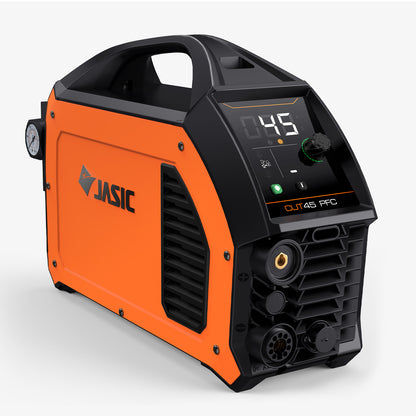 Portable orange plasma cutter with digital display, labeled CUT45 PFC, suitable for jobsites