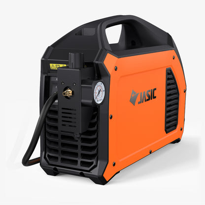 Portable orange plasma cutter with pressure gauge, black accents, and carrying handle