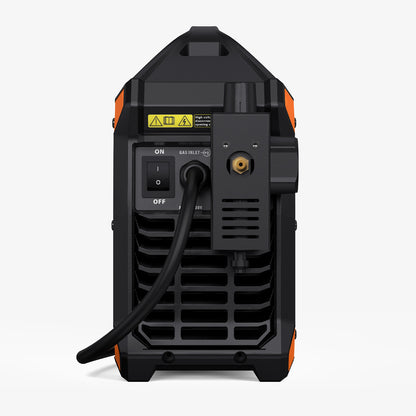 Rear view of a black plasma cutter machine with power switch, gas inlet, and vent grills